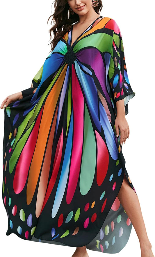 KECVOT Kaftan Dresses for Women Plus Size Batwing Sleeve Caftans Long Bathing Suit Cover Up Maxi Beach Dress Loungewear