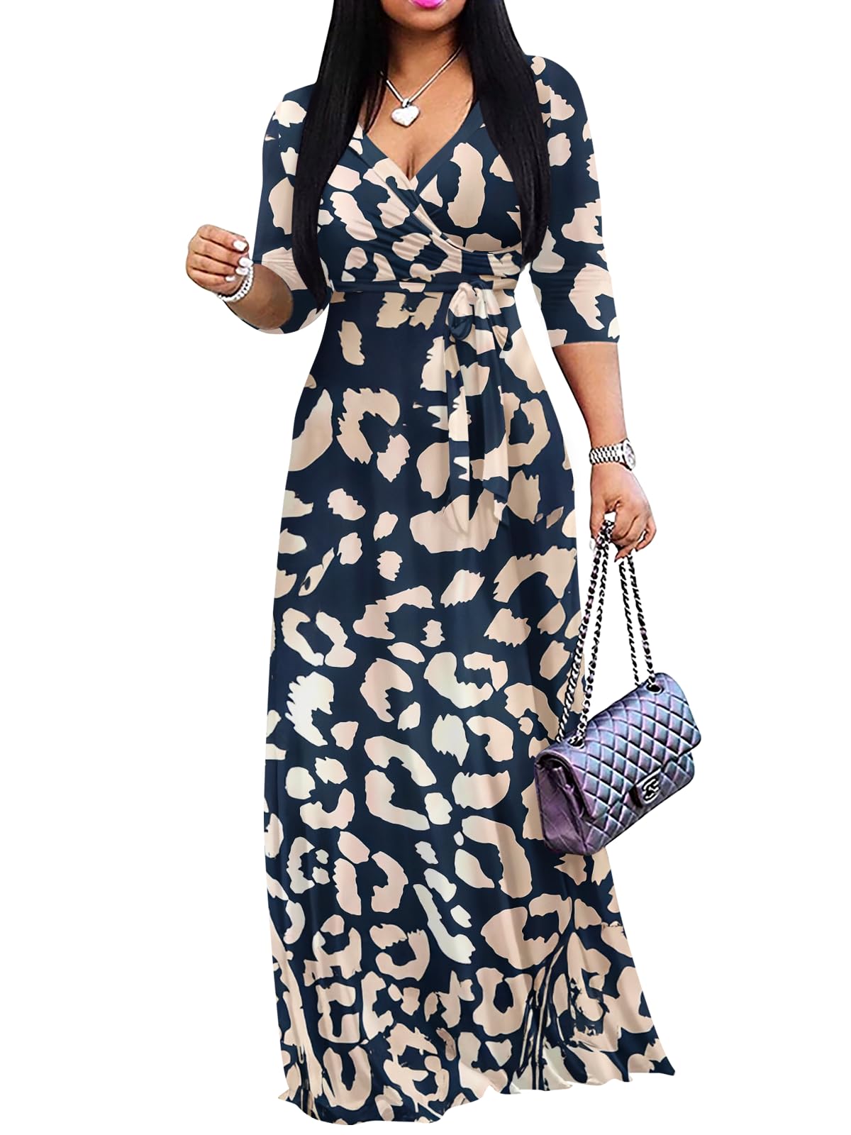 Yajedo Womens Casual Summer Maxi Dress Plus Size Sexy Wrap V Neck 3/4 Sleeve Sundress with Pockets
