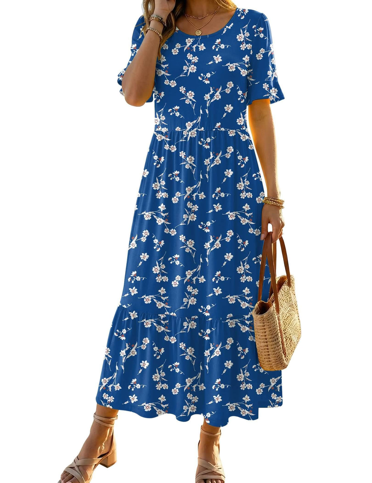 Zeagoo Womens Summer Dresses 2026 Casual Midi Dress Flowy Sundress Ruffle Short Sleeve Tiered Dresses A Line Boho Dress