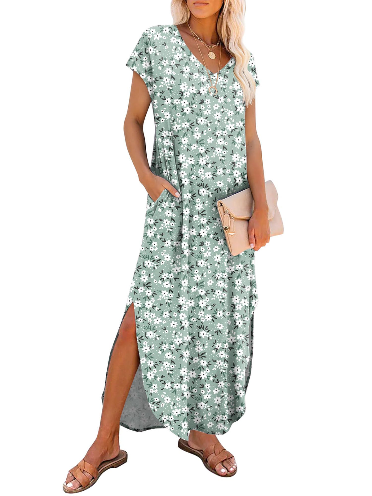 RUMIA Summer Maxi Dresses for Women Cap Sleeve Long Sundress with Pockets