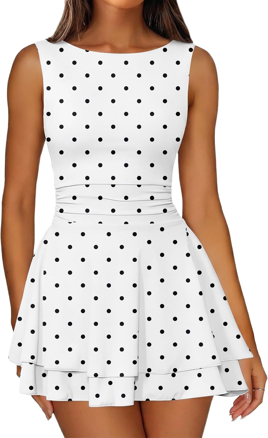 IWD Women's Boat Neck Sleeveless Mini Dress Tiered Ruffle Hem Party Dresses
