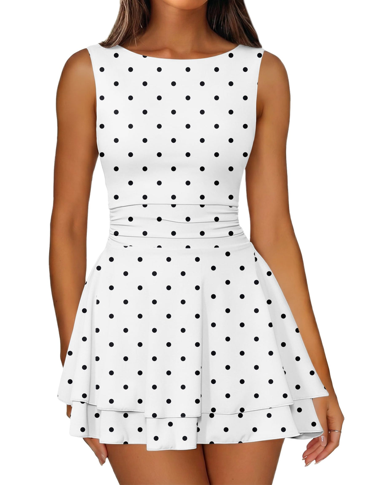 IWD Women's Boat Neck Sleeveless Mini Dress Tiered Ruffle Hem Party Dresses