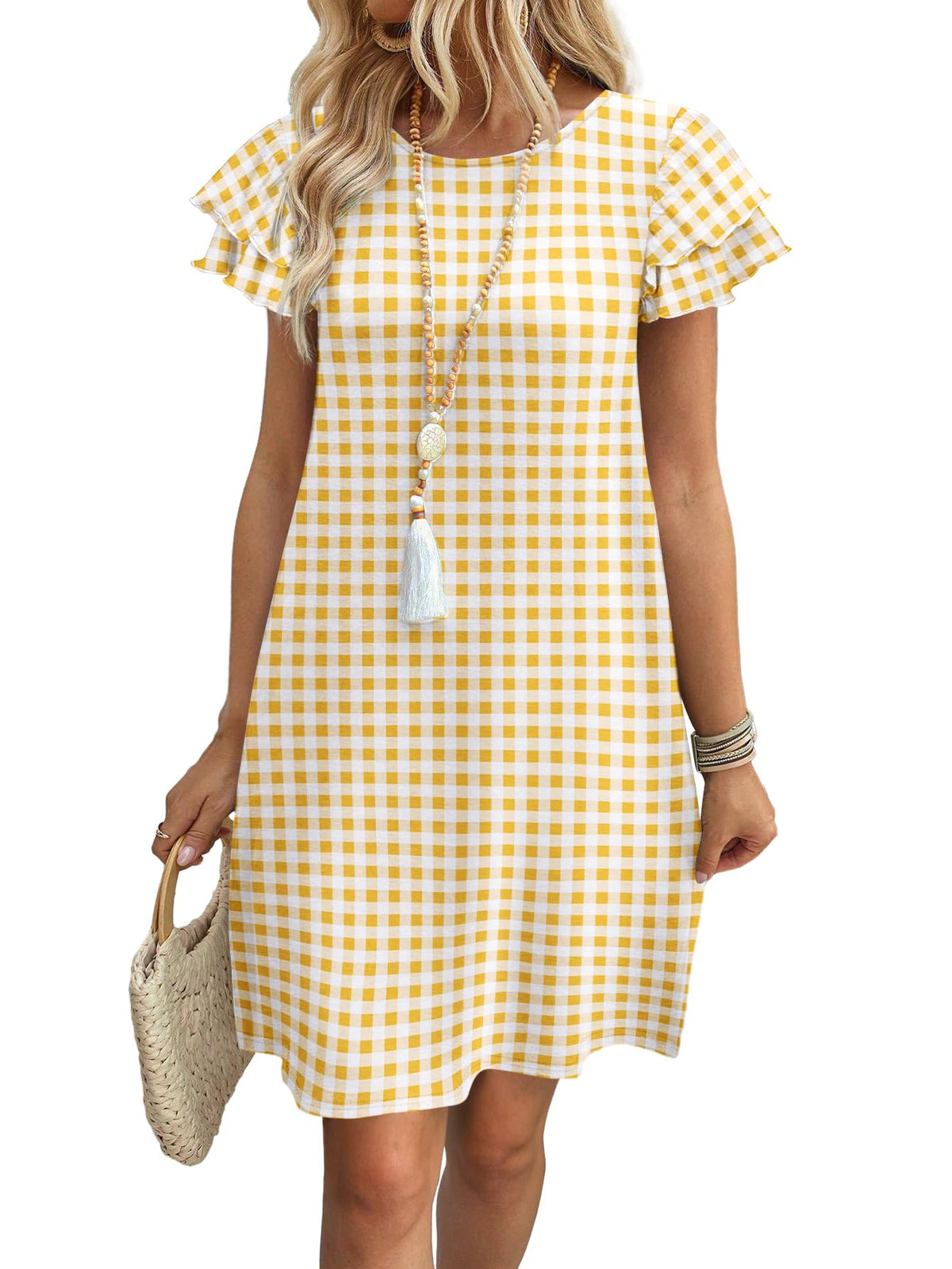 OFEEFAN Womens Summer Dresses 2026 Ruffle Sleeve Round Neck Loose Swing Sundresses with Pockets Plain/Print