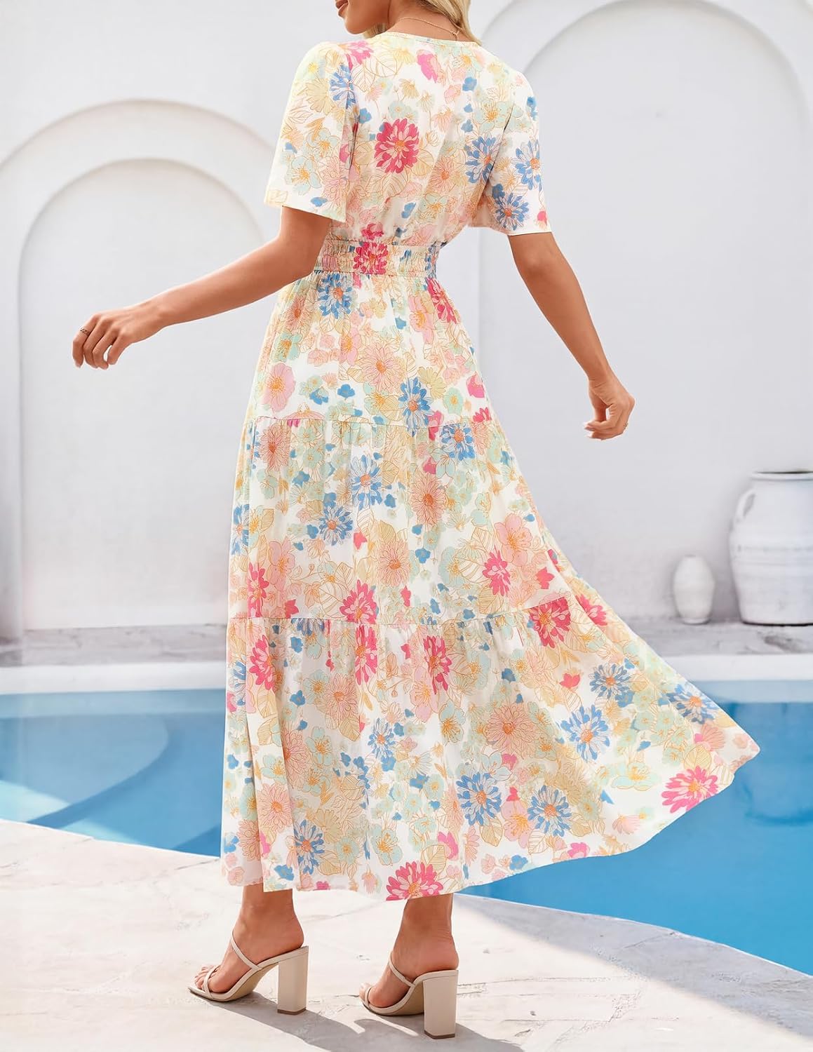MEROKEETY Women's Summer Casual Floral Boho Short Sleeve Midi Maxi Dresses