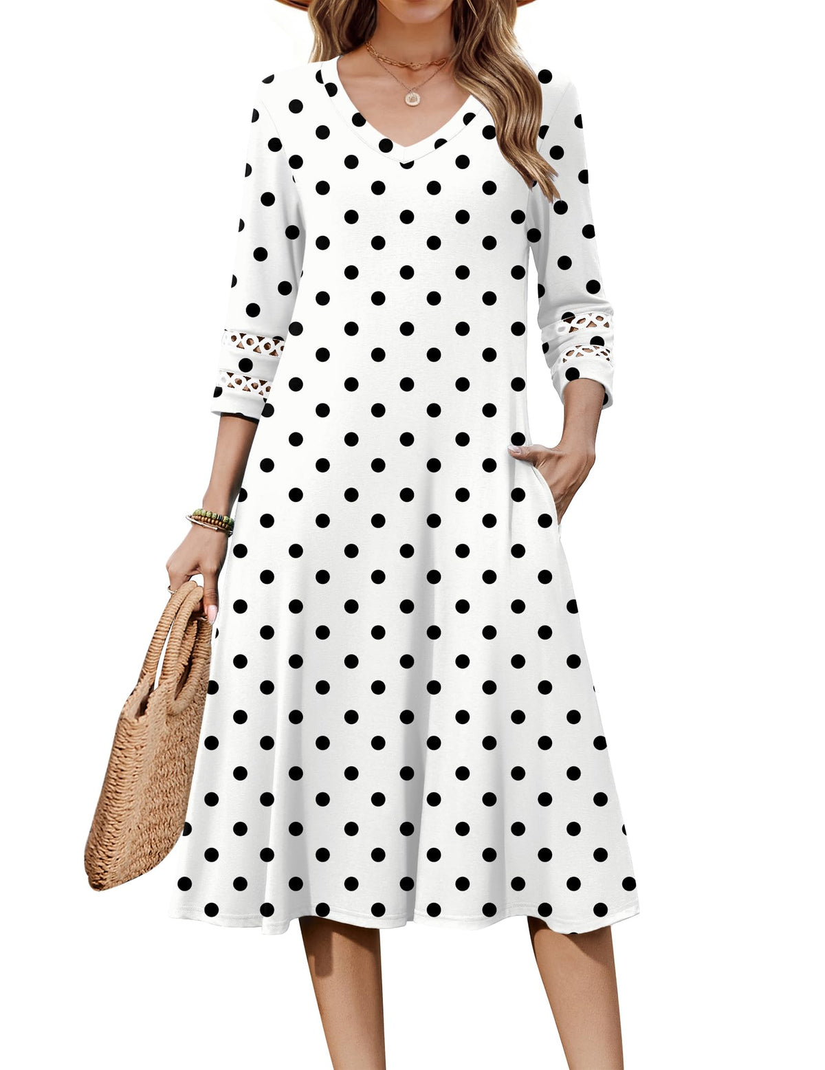 Zeagoo Women's Dresses 3/4 Sleeve Casual V-Neck A Line Eyelet Midi Dress