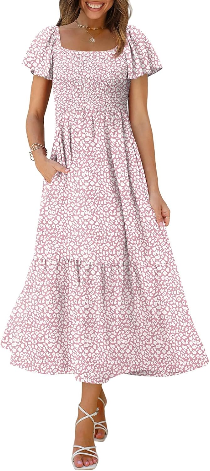 OFEEFAN Summer Dresses for Women Square Neck Ruffle Sleeve Smocked Maxi Dress with Pockets