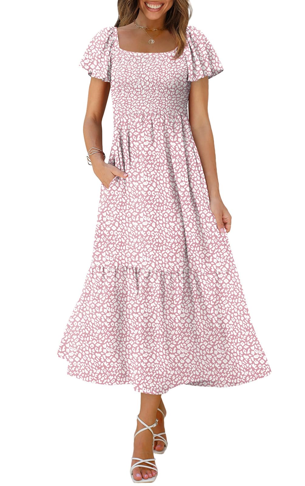 OFEEFAN Summer Dresses for Women Square Neck Ruffle Sleeve Smocked Maxi Dress with Pockets