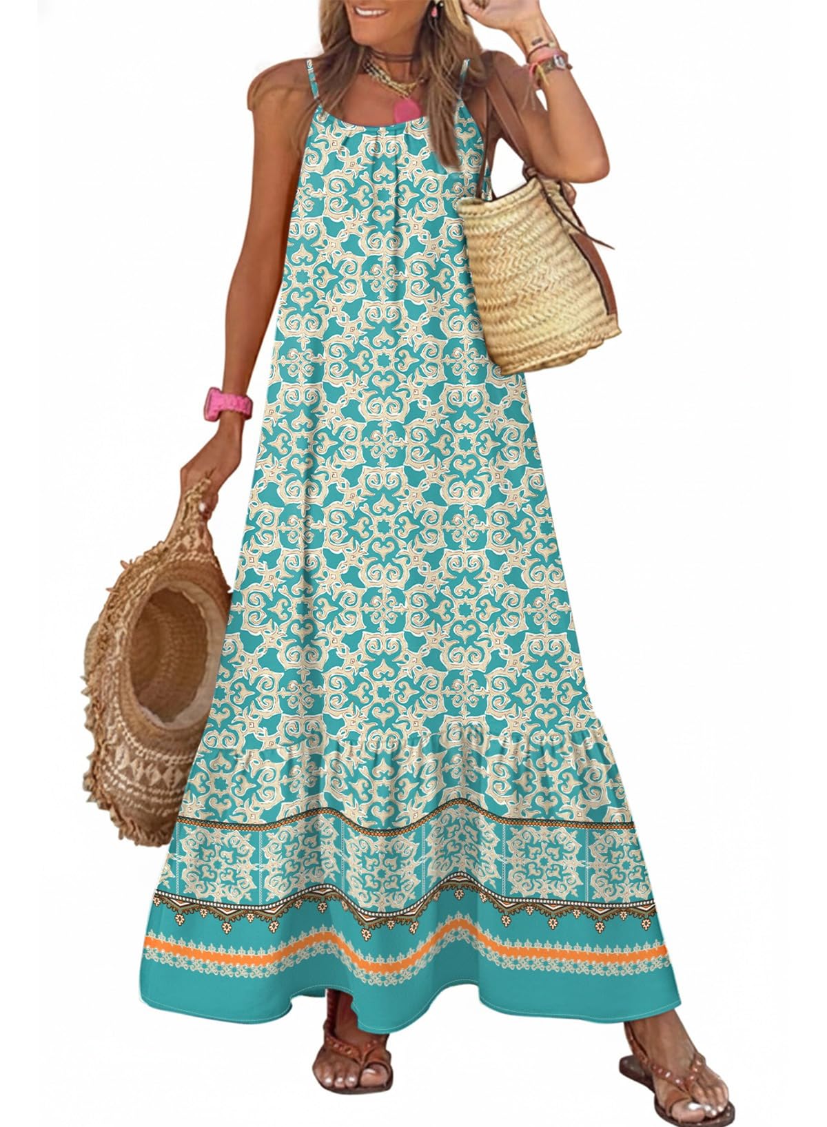 Dokotoo Women Summer Dresses Scoop Neck Ruffle Flowy Boho Maxi Dress