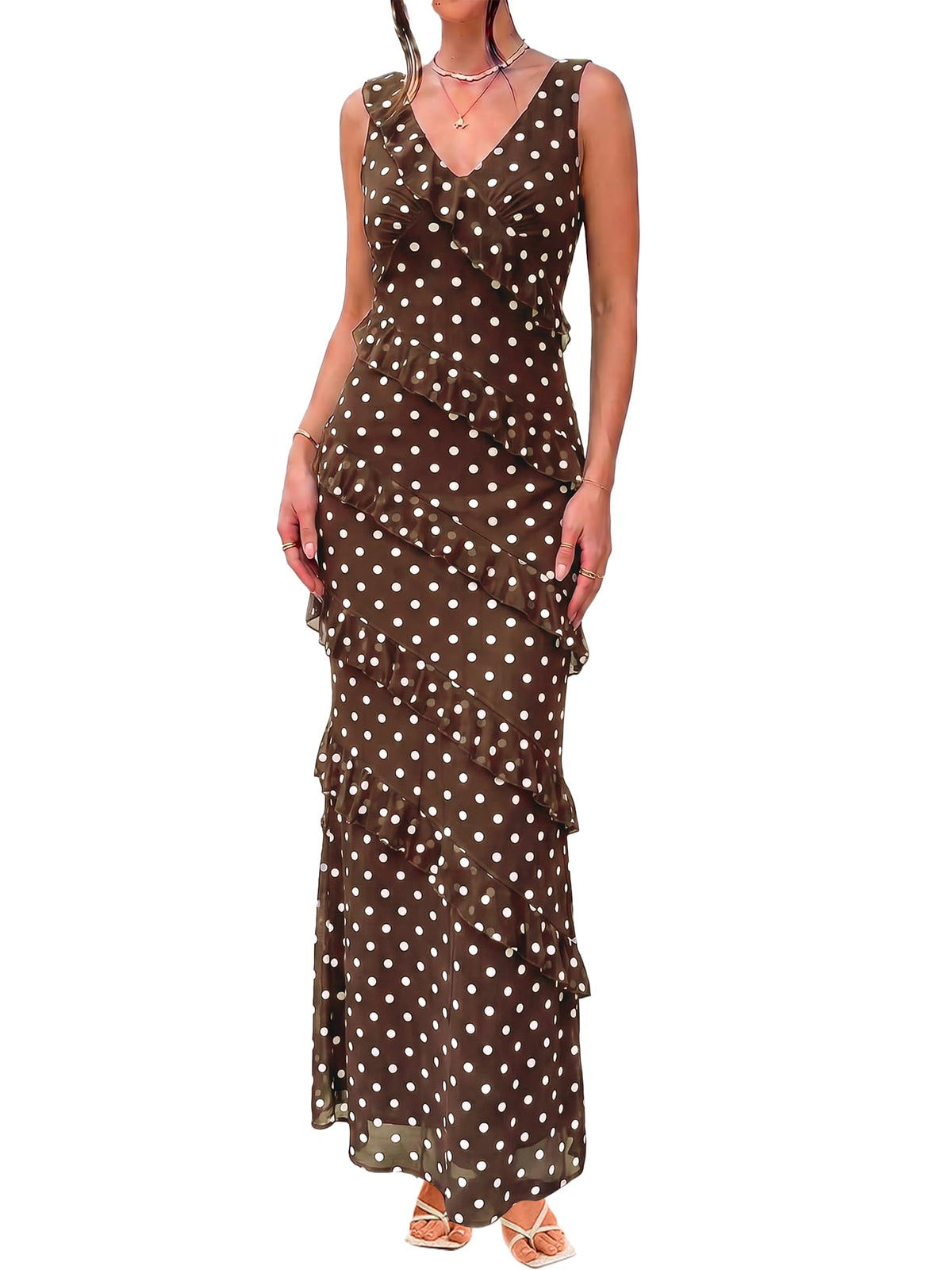 HOCILLE Women's Sexy V Neck Backless Long Cocktail Dress Bodycon Elegant Ruffle Maxi Wedding Guest Party Dresses