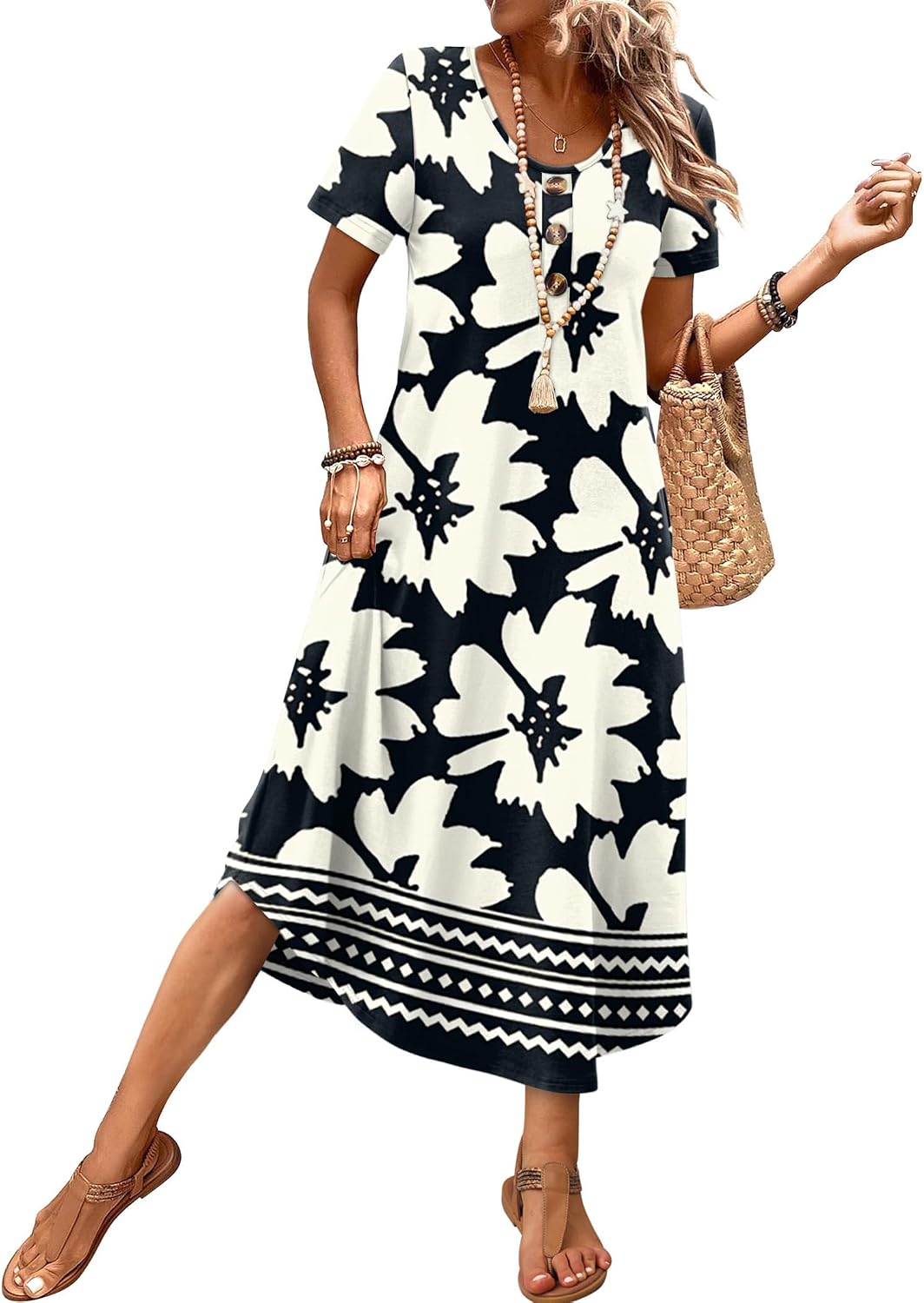 OFEEFAN Summer Dresses for Women 2026 Casual Midi Dresses Beach Vacation Outfits Tshirt Dress with Pockets Resort Wear