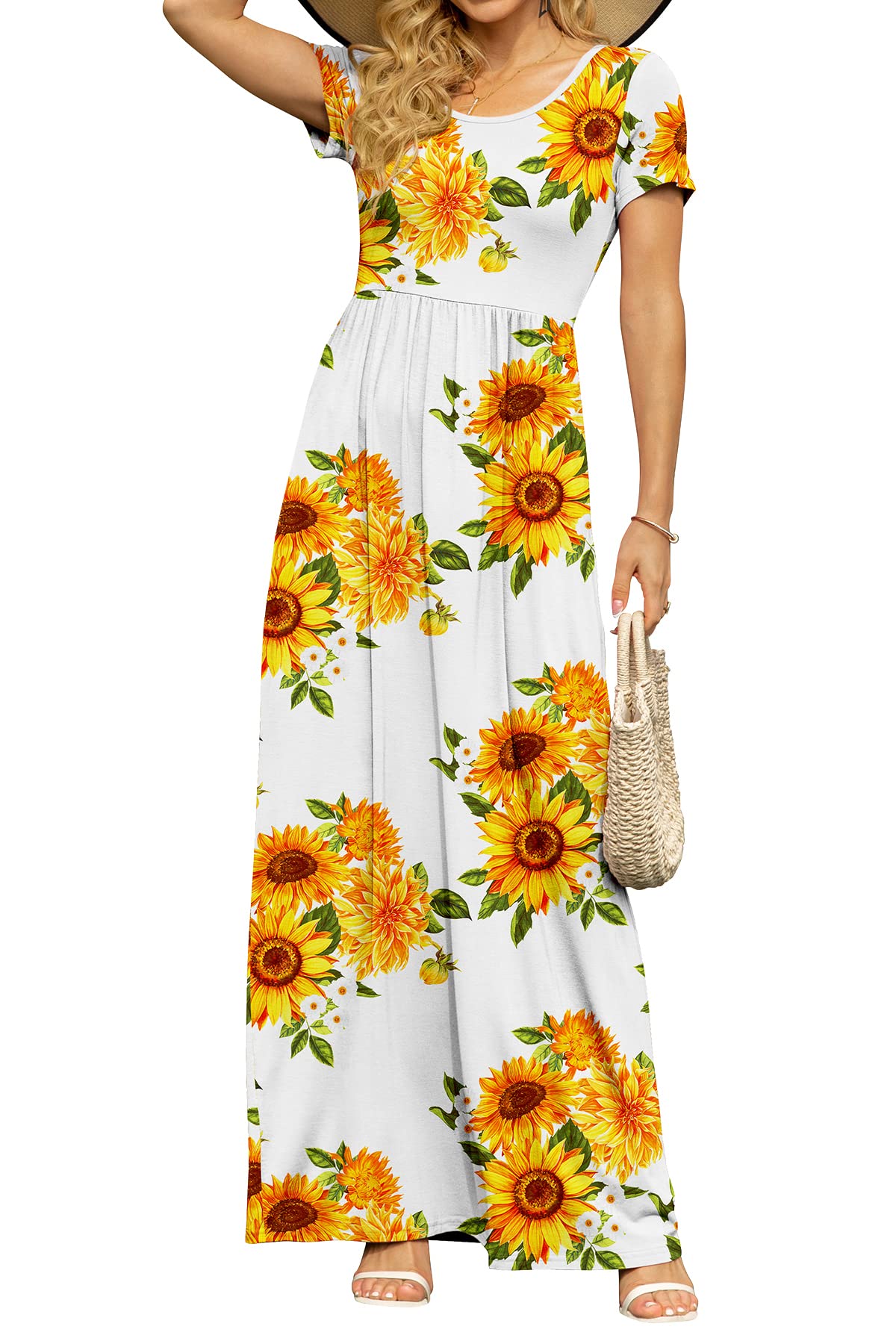 DB MOON Women's Summer Maxi Dress Casual Short Sleeve Empire Waist Pockets