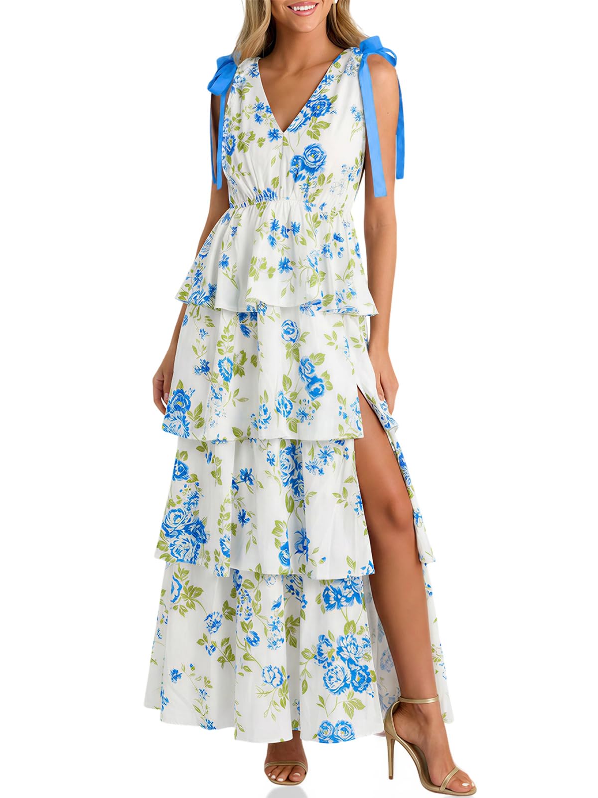 Wenrine Womens Elegant Wedding Guest Dress Floral Ruffle Maxi Dresses