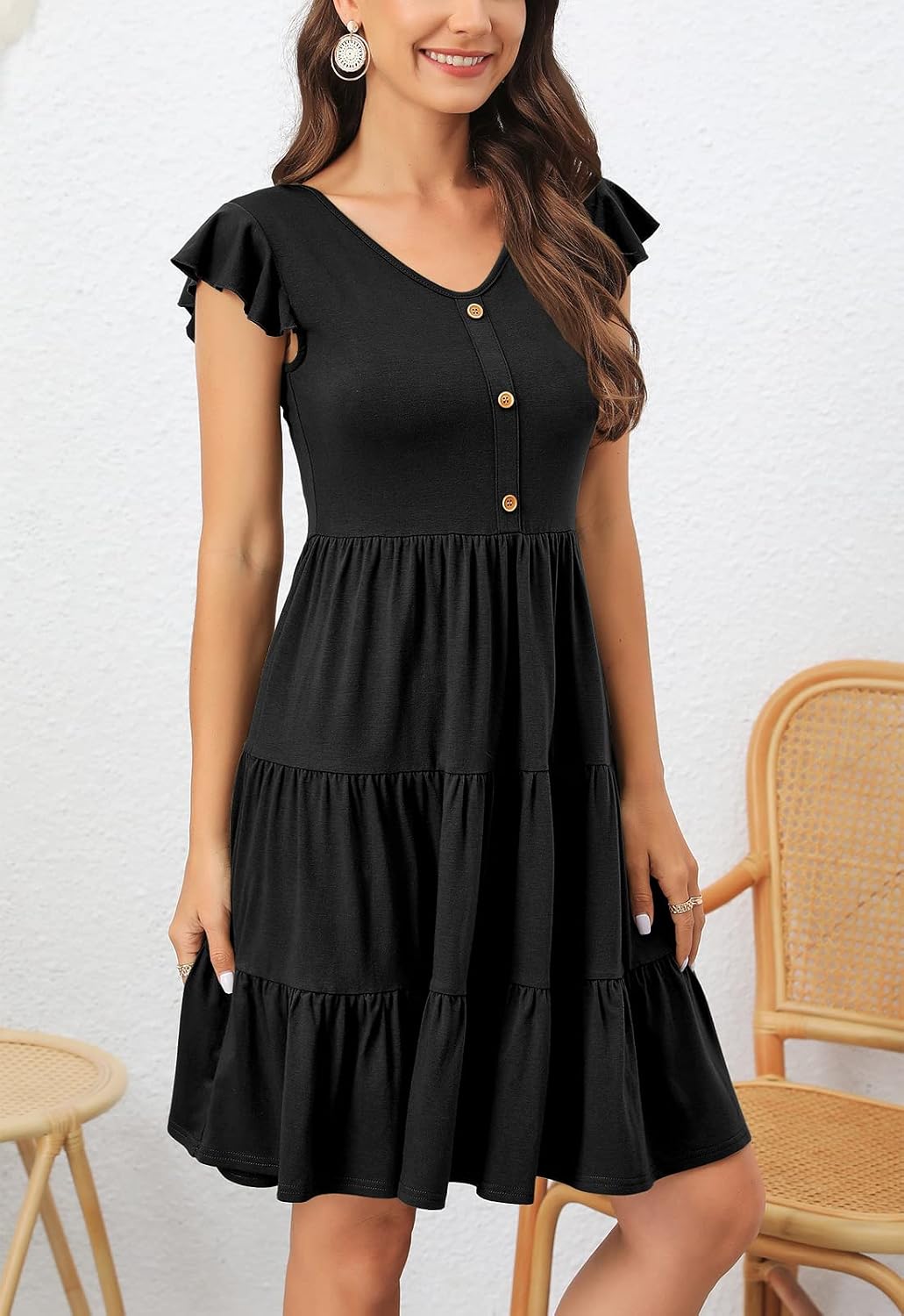 Lamilus Summer Dresses for Women 2026 Ruffle Sleeve V Neck Non-See Through Tiered Babydoll Mini Dress Graduation Beach