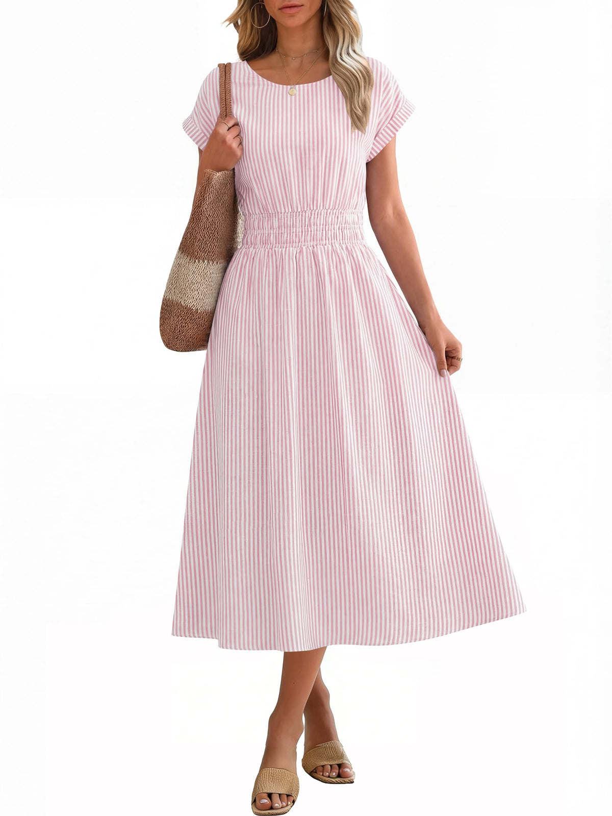 ANRABESS Womens Summer Midi Dress Striped Casual Short Sleeve Crewneck Elastic Waist 2026 Flowy Long Beach Dress with Pockets