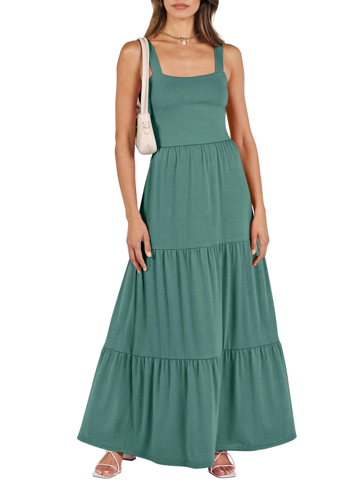 ANRABESS Women's Summer Flowy Maxi Dress Square Neck Sundress with Pockets