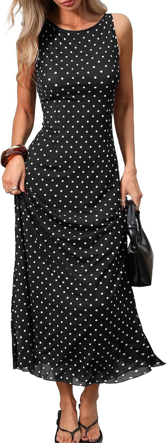 ELLEVEN Women’s Polka Dot Maxi Tank Dress Fitted Elegant Long Dress