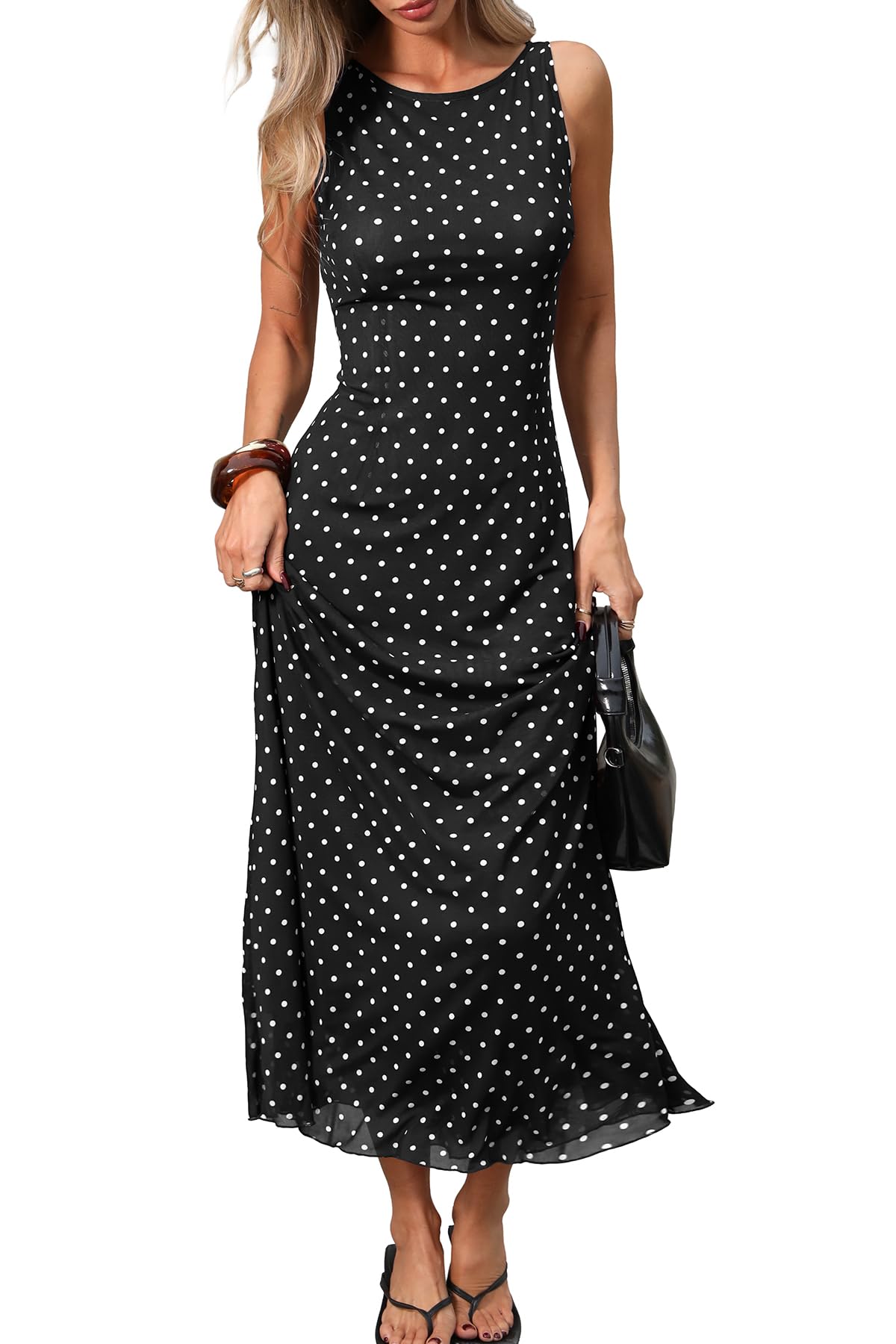 ELLEVEN Women’s Polka Dot Maxi Tank Dress Fitted Elegant Long Dress