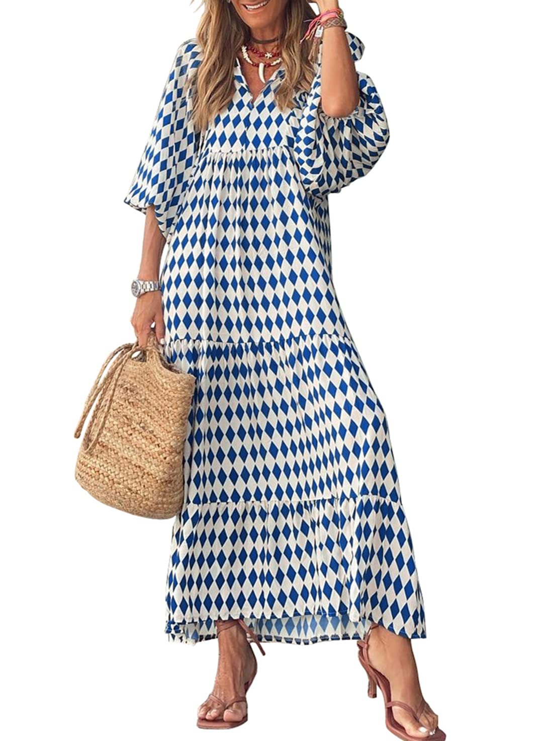 miduo Womens Casual V Neck Half Sleeve Bohemian Geometric Maxi Long Dresses