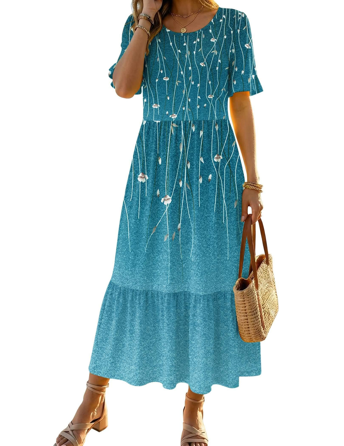 Zeagoo Womens Summer Dresses 2026 Casual Midi Dress Flowy Sundress Ruffle Short Sleeve Tiered Dresses A Line Boho Dress