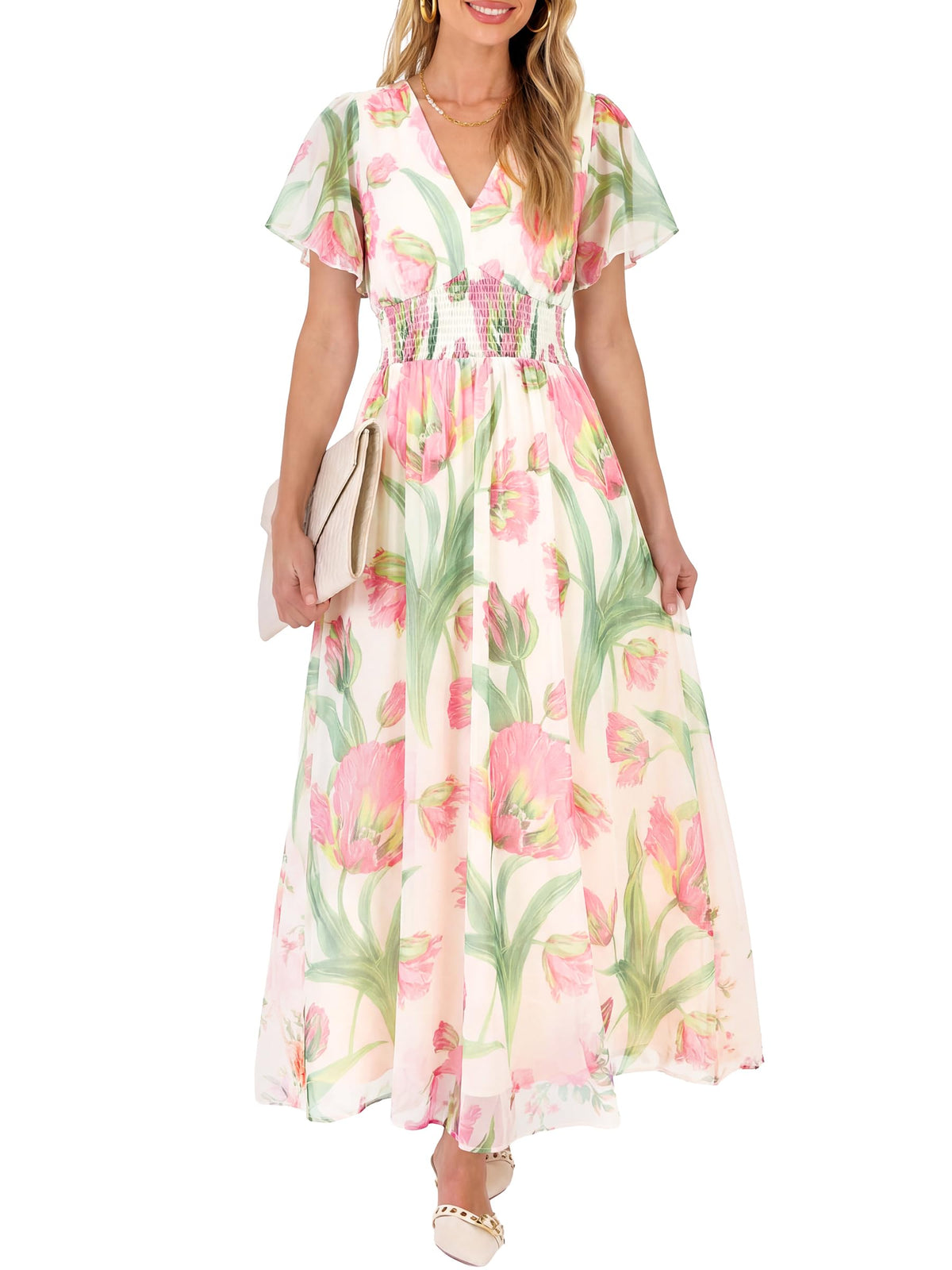 ANRABESS Women's Floral Tulle Wedding Guest Short Sleeve Maxi Dress