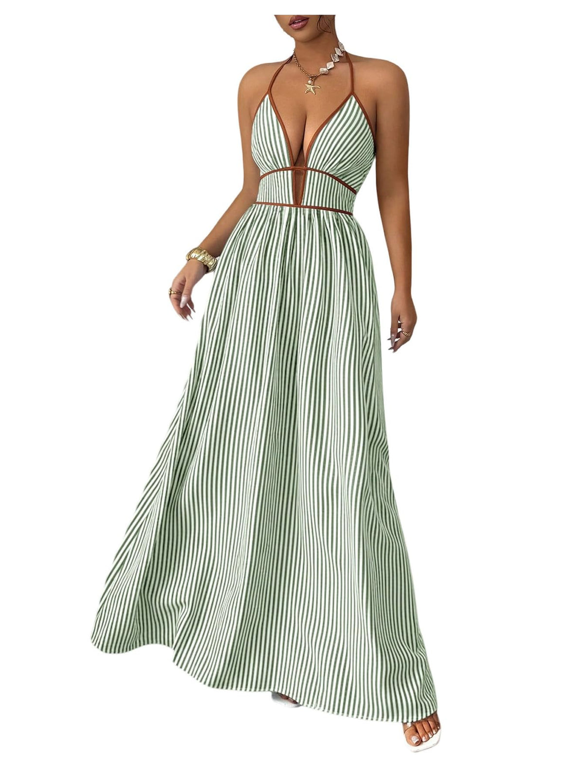 Floerns Women's Striped Halter Maxi Dress Backless Smocked Boho Dress