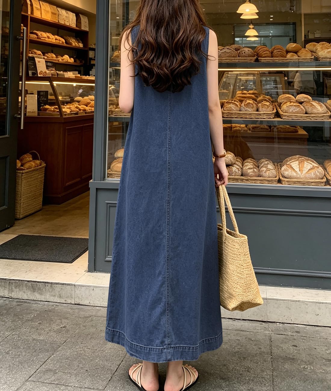 Retro Denim Jumper Dress for Women Sleeveless Crewneck Maxi Long Jean Vest Shift Dress with Pockets