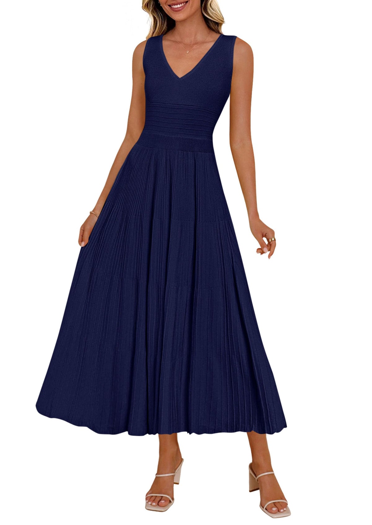 PRETTYGARDEN Women's Summer V Neck Pleated Midi Dress