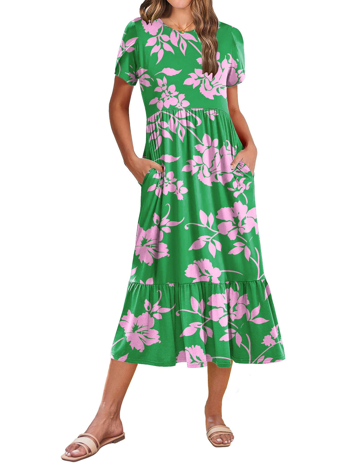 Zeagoo Women Summer Midi A Line Dress Short Sleeve Casual Flowy Tiered Beach Long Sundress with Pockets 2026 Vacation Travel
