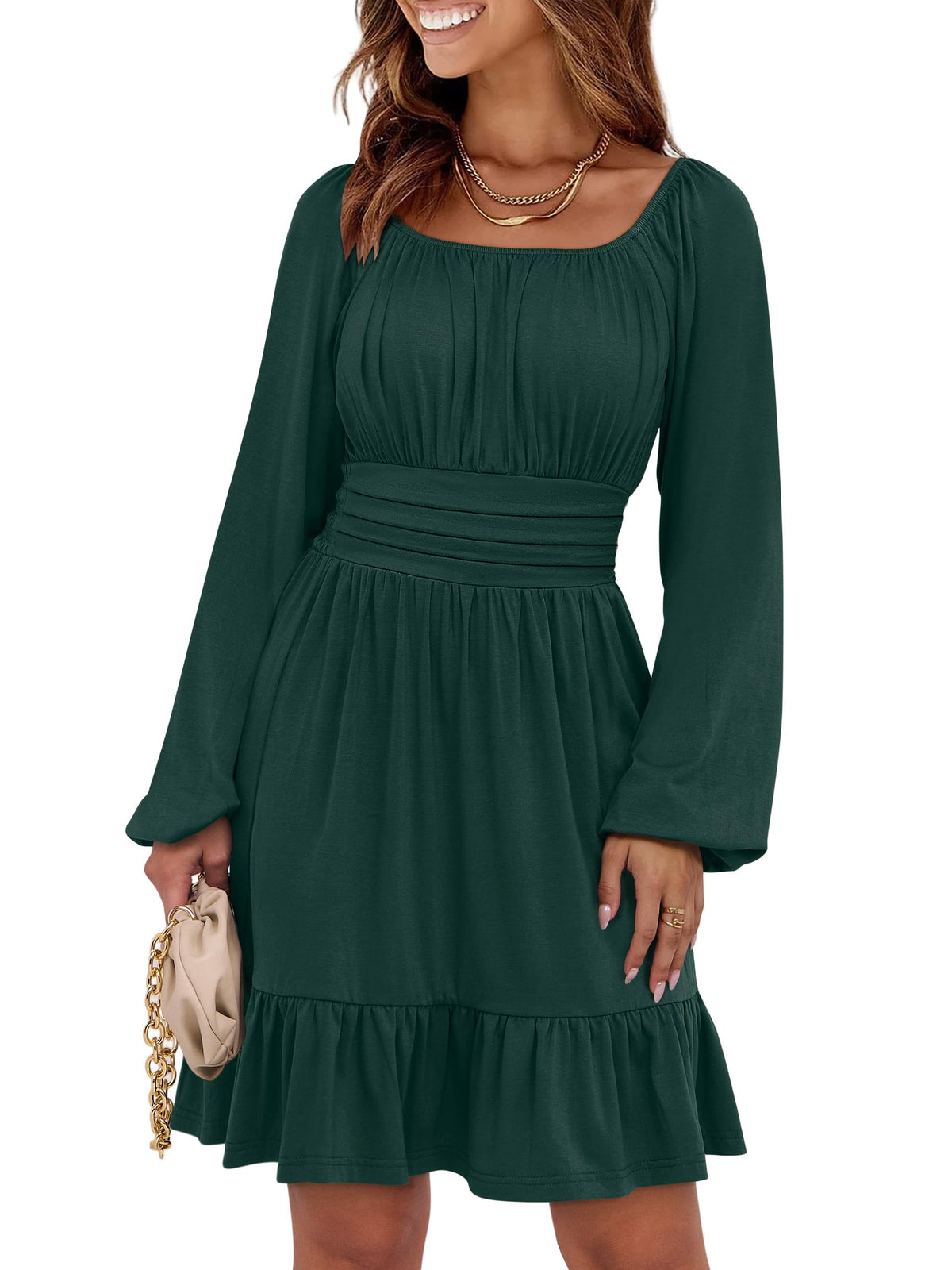 ANRABESS Women Long Lantern Sleeve Square Neck Fall Short Dress