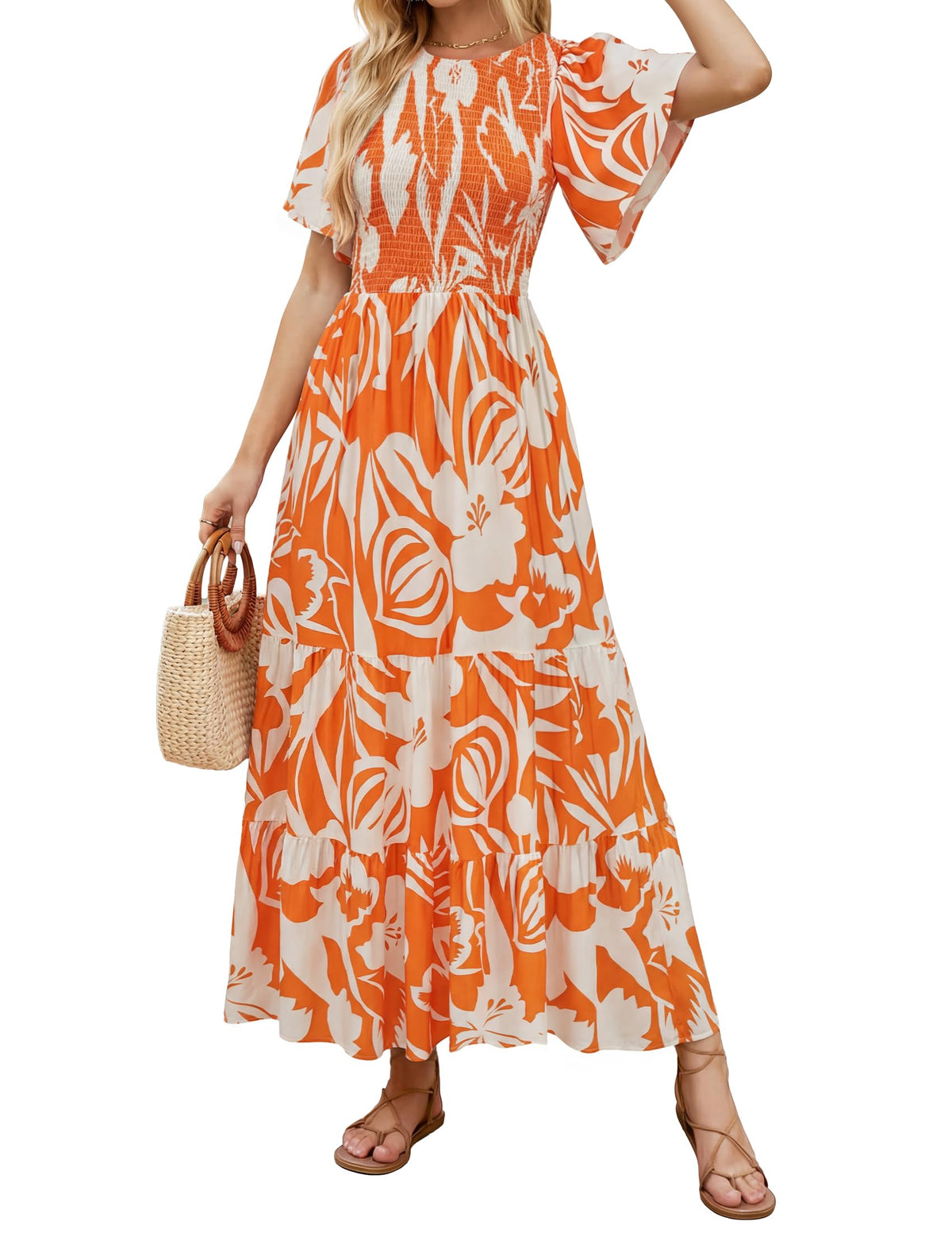 ZESICA Women's Summer Boho Floral Smocked Short Sleeve Maxi Dress