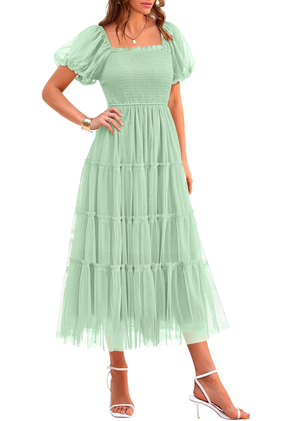 PRETTYGARDEN Women's Summer Smocked Midi Tulle Dress