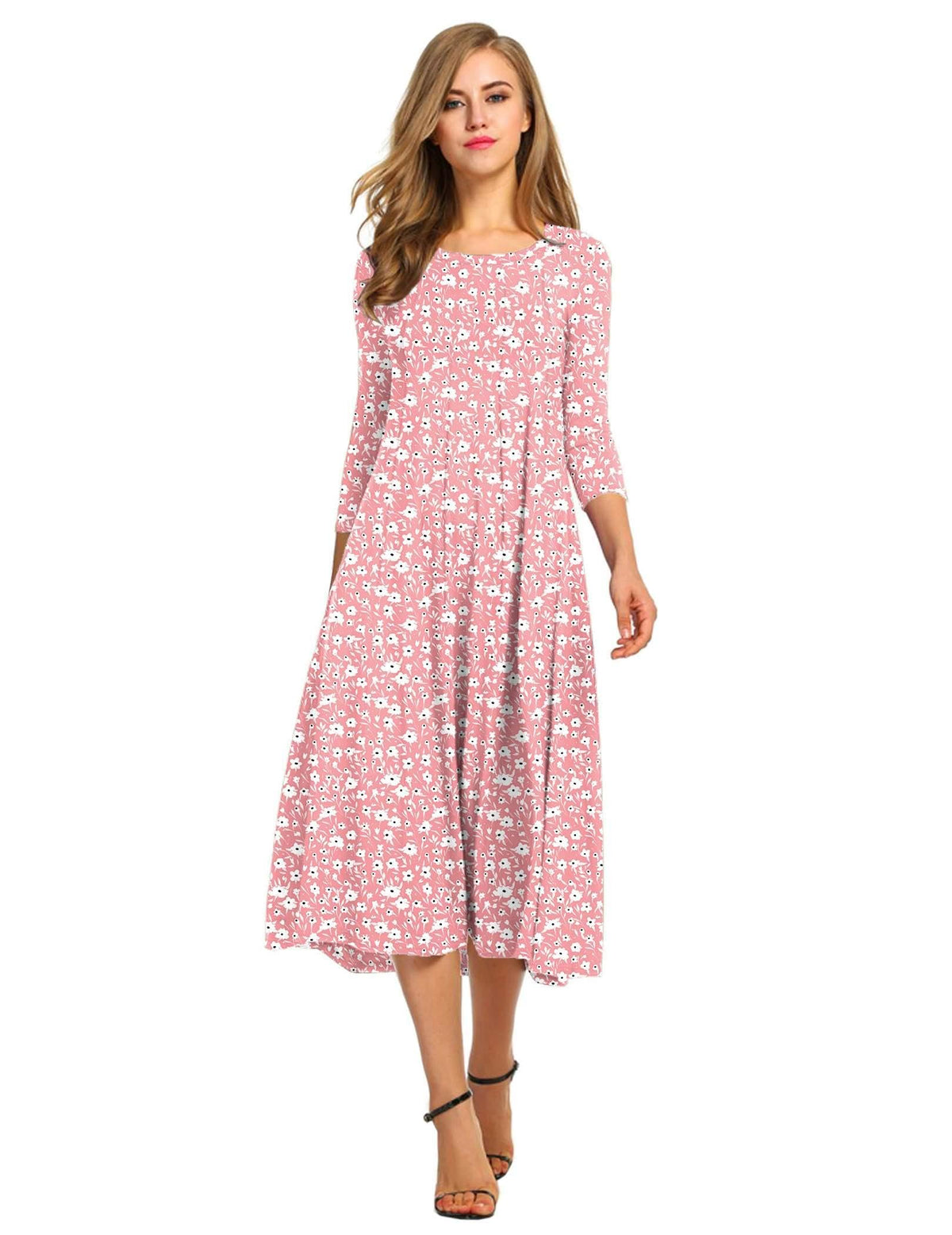 HOTOUCH Women's 3/4 Sleeve A-line and Flare Midi Long Dress
