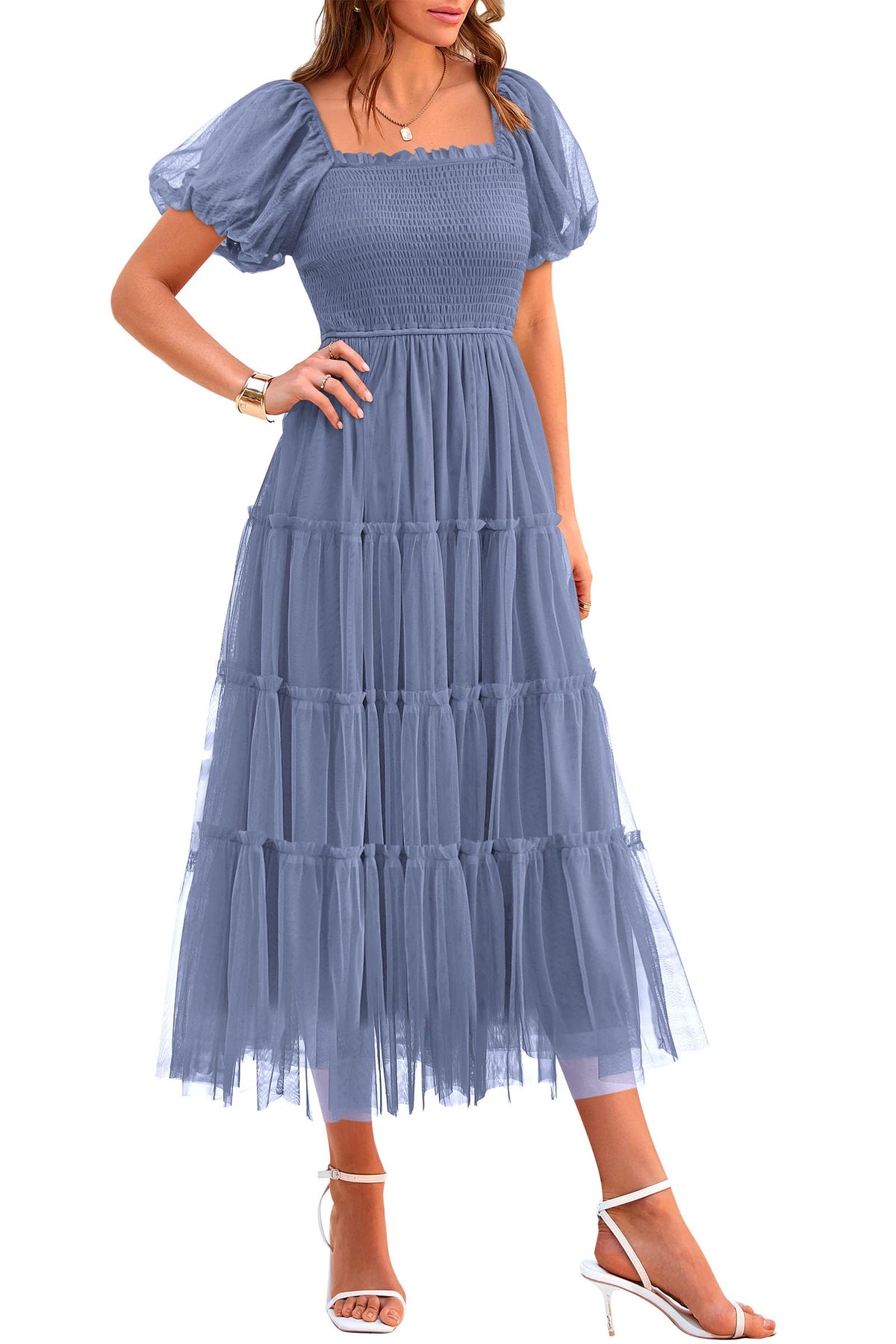 PRETTYGARDEN Women's Summer Smocked Midi Tulle Dress