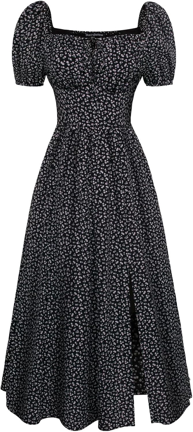 Scarlet Darkness Summer Spring Split Floral Corset Midi Dress with Pockets