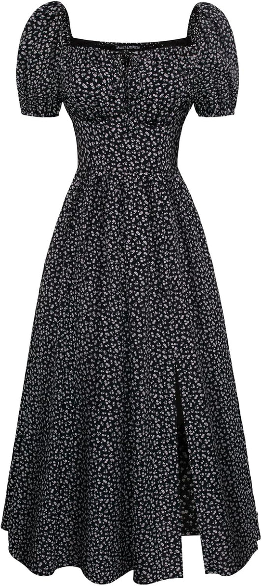 Scarlet Darkness Summer Spring Split Floral Corset Midi Dress with Pockets