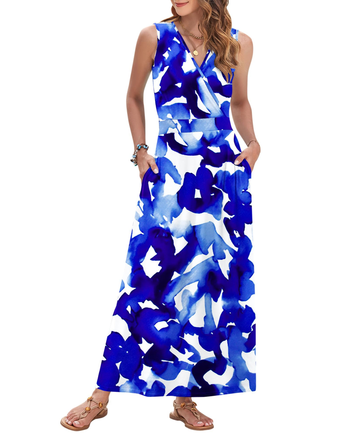 AUSELILY Womens Maxi Dress Summer Sleeveless Wrap Long Dresses with Pockets