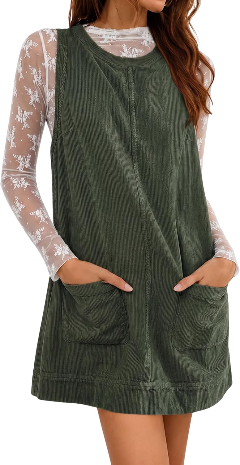 Hooever Women's Corduroy Overall Dress Round Neck A Line Skirtall Jumper Mini Dress Pinafore with Pockets