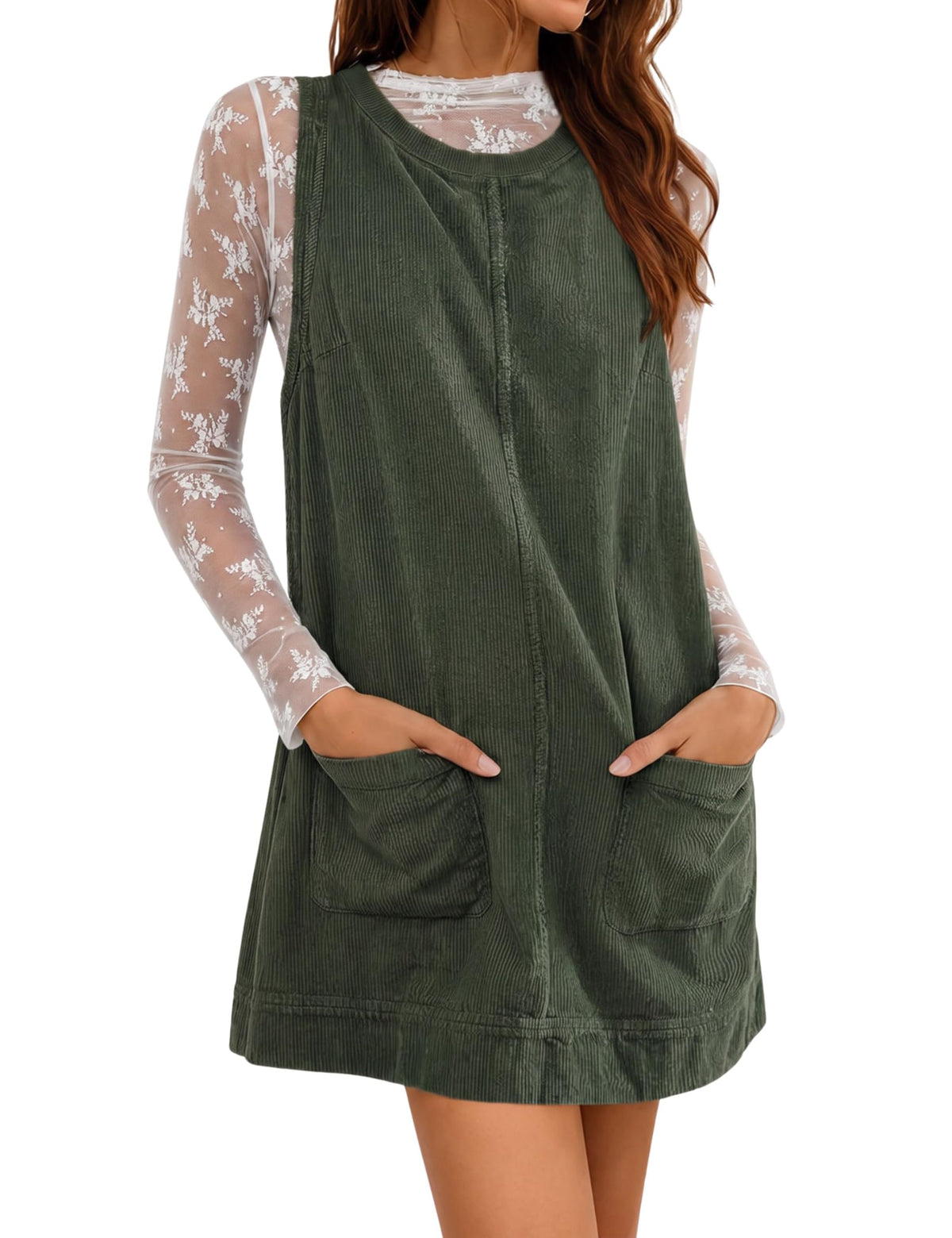 Hooever Women's Corduroy Overall Dress Round Neck A Line Skirtall Jumper Mini Dress Pinafore with Pockets
