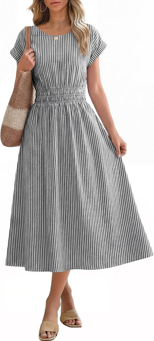 ANRABESS Womens Summer Midi Dress Striped Casual Short Sleeve Crewneck Elastic Waist 2026 Flowy Long Beach Dress with Pockets
