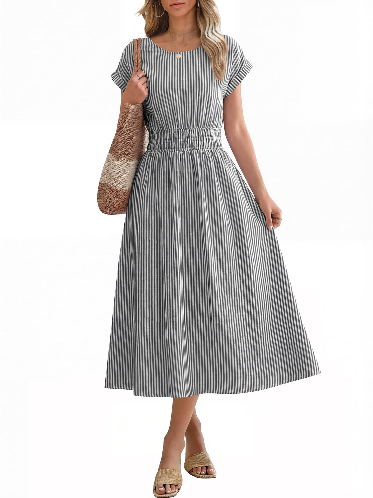 ANRABESS Womens Summer Midi Dress Striped Casual Short Sleeve Crewneck Elastic Waist 2026 Flowy Long Beach Dress with Pockets