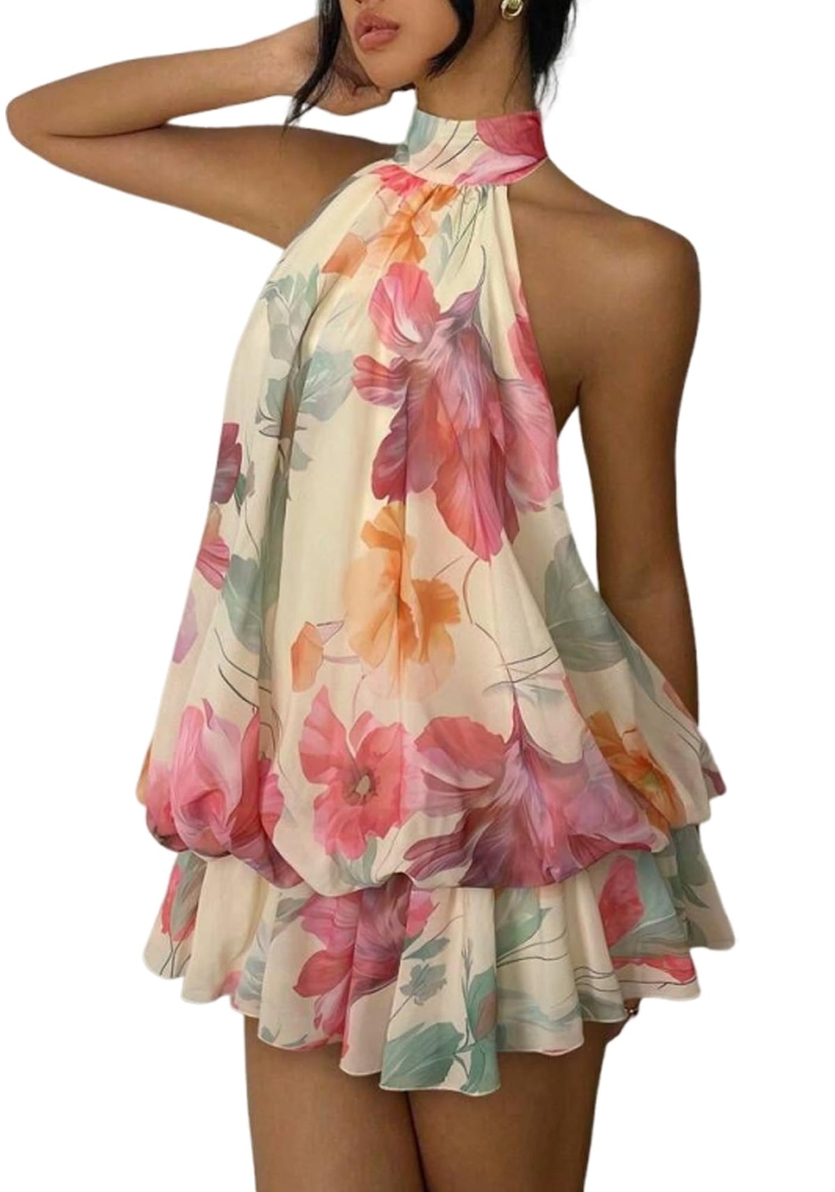 Women's Chiffon Halter Drop Waist Mini Dress Wedding Guest Dresses Ruffle Formal Holiday Club Brunch Outfits
