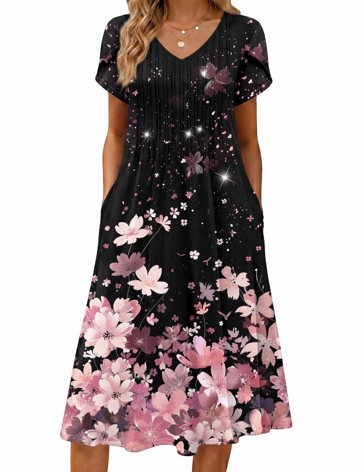 Zeagoo Womens Casual Summer Dress 2026 Short Sleeve Dresses Pleats Midi A Line Flowy Dress Boho Beach Sundress with Pockets