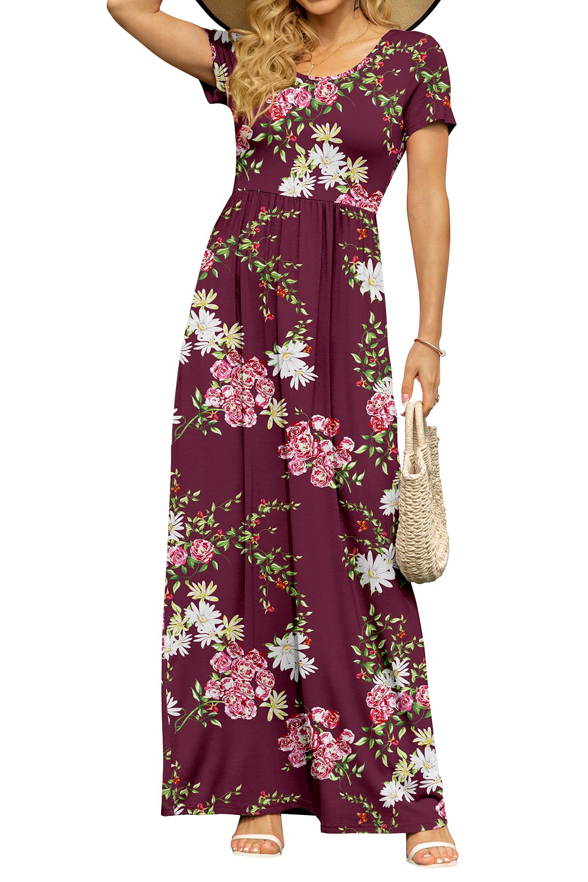 DB MOON Women's Summer Maxi Dress Casual Short Sleeve Empire Waist Pockets