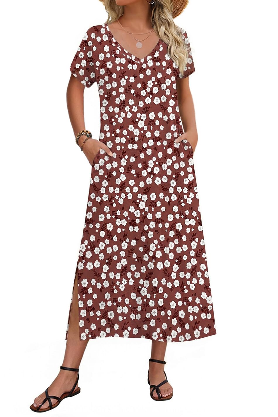 Zeagoo Women Summer Floral Dress Short Sleeve Beach Dress with Pockets Casual V-Neck Split Long T-Shirt Dress Travel Vacation