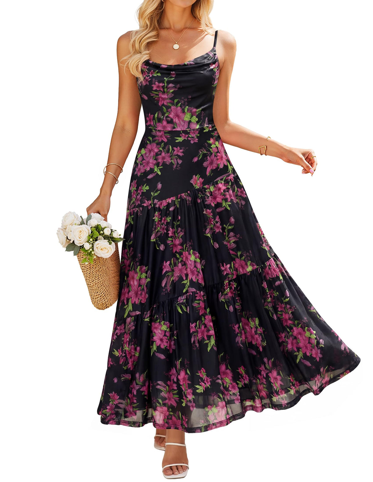 ZESICA Women's Summer Mesh Floral Sleeveless Wedding Guest Dress