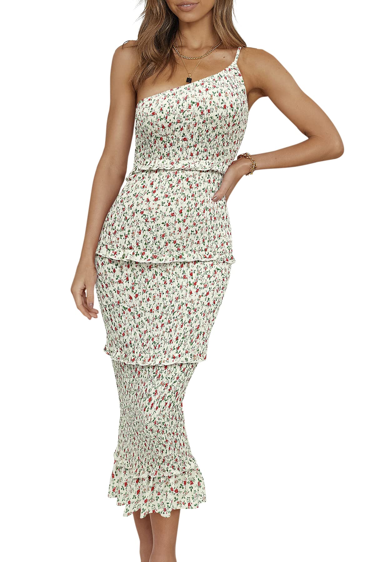 PRETTYGARDEN Women's Summer Midi Bodycon Dresses One Shoulder Strappy Tiered Ruffle Floral Boho Sun Dress