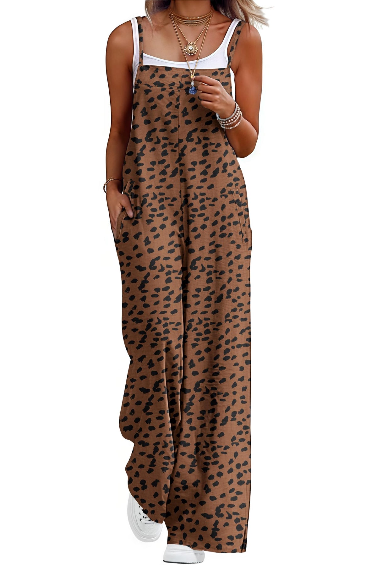 Lepunuo Womens Casual Loose Jumpsuits Summer Boho Wide Leg Rompers Sleeveless Overalls with Pockets