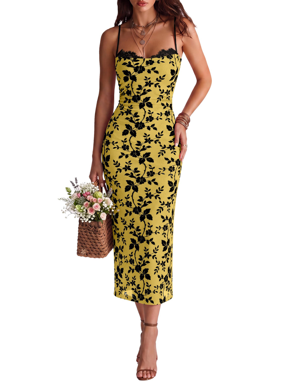 ANRABESS Women's Semi Formal Bodycon Floral Midi Dresses