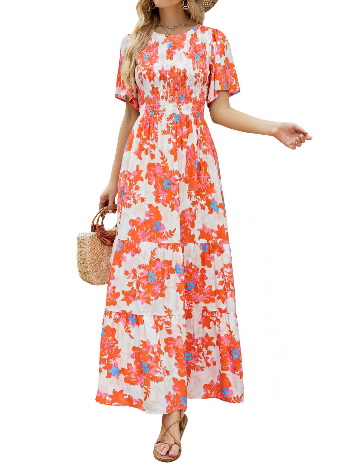 ZESICA Women's Summer Boho Floral Smocked Short Sleeve Maxi Dress