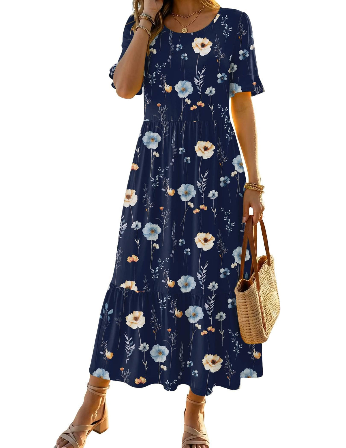 Zeagoo Womens Summer Dresses 2026 Casual Midi Dress Flowy Sundress Ruffle Short Sleeve Tiered Dresses A Line Boho Dress
